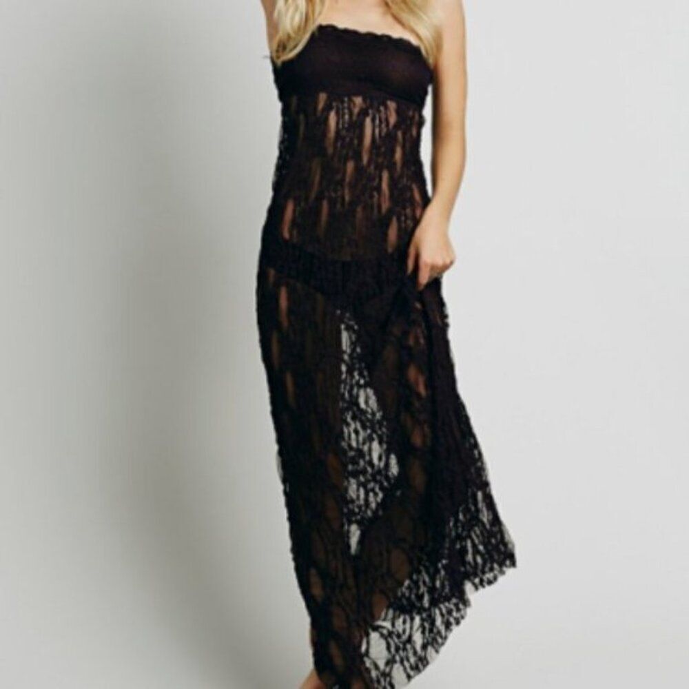 Free People Plum Sugar Tube Maxi Slip Dress – Size L – Strapless Lace Floral